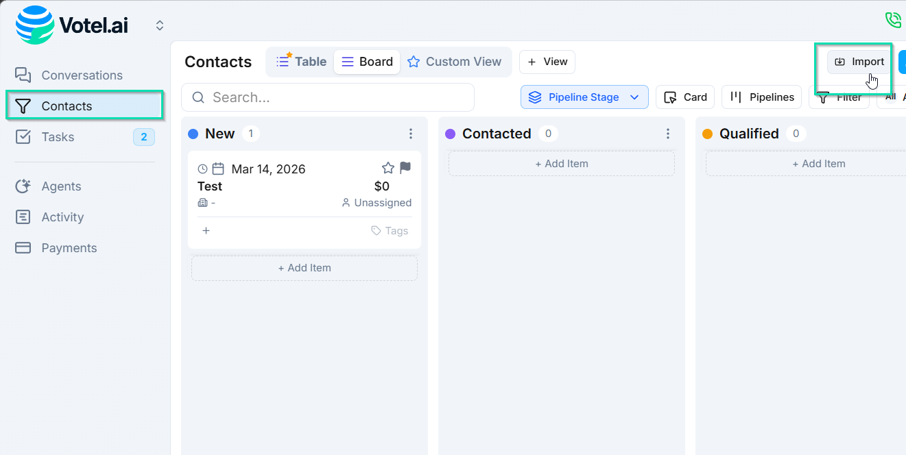 Navigate to the CRM and click the Import option